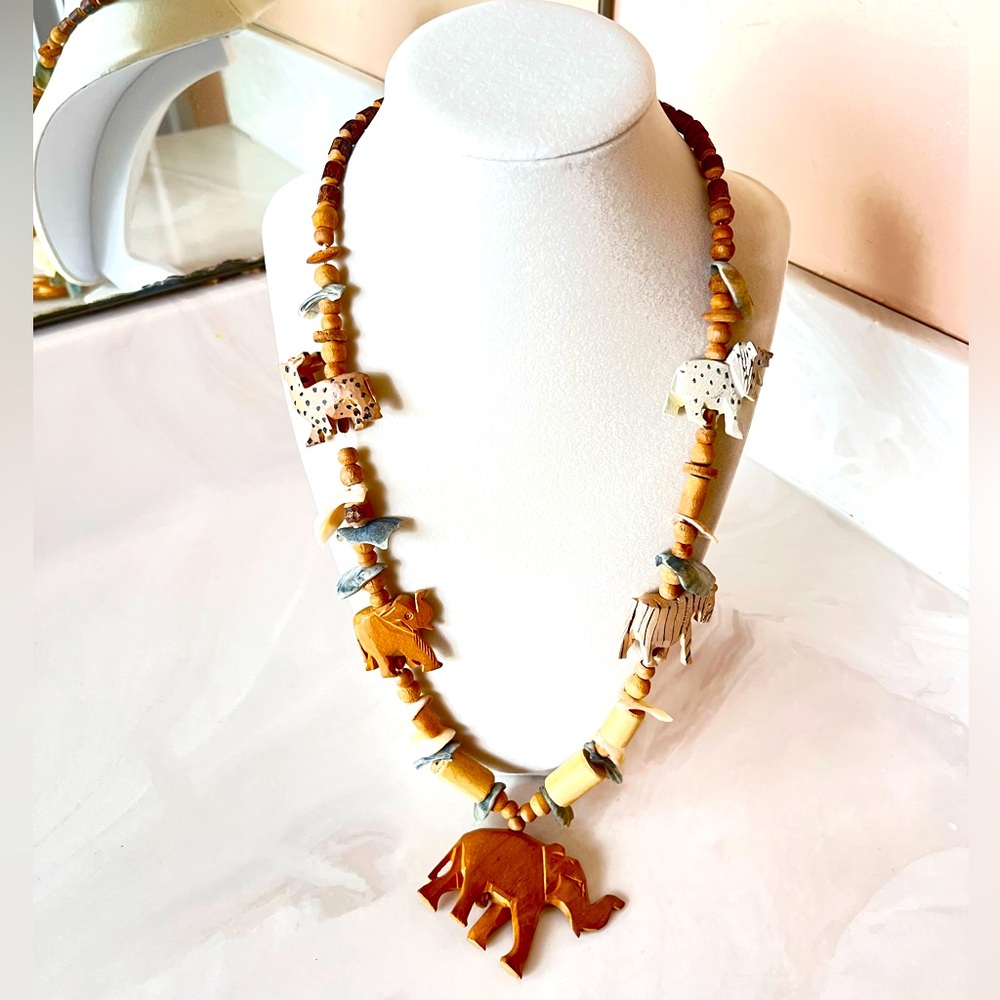 Vintage Hand Carved African Tribal Wooden Bead, Shell & Rocks Necklace